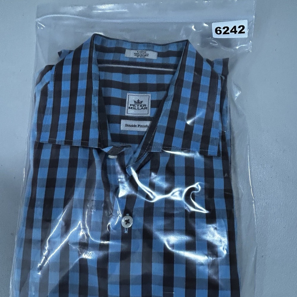 Peter Millar Seaside Finish Shirt Men Size Large Checked Blue Brown Long Sleeve - Picture 8 of 8